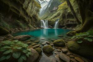 Beautiful waterfall in the deep forest of Vietnam. Long exposure. generative ai photo