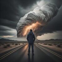 hombre en pie en el la carretera con un enorme nube en el cielo. generativo ai foto