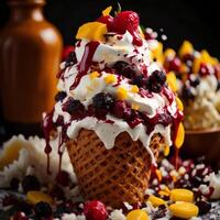 Ice cream with fruits and berries in waffle cone on black background. generative ai photo