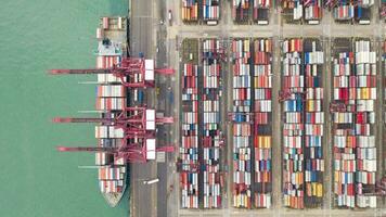 aerial view hyperlapse 4k video of container cargo ship in export and import business and logistics international goods in Hong Kong. top view.
