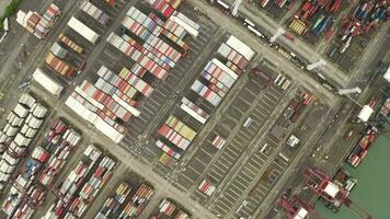 Container Ladung Schiff im Export und importieren Geschäft und Logistik International Waren im städtisch Stadt. Versand zu Hafen durch Kran im Victoria Hafen, Hong Kong. Antenne Aussicht Drohne 4k Filmaufnahme. video