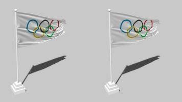 olympique Jeux, Jeux olympiques drapeau sans couture en boucle agitant avec pôle base supporter et ombre, isolé sur alpha canal noir et blanc mat, plaine et bosse texture tissu variantes, 3d le rendu video