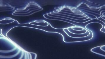 abstrato azul em loop futurista oi-tech panorama com montanhas e cânions a partir de brilhando energia círculos e Magia linhas fundo video
