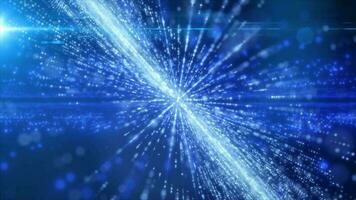 abstract blauw energie hi-tech lijnen en digitaal deeltjes vlieg in een tunnel met bokeh effect gloeiend achtergrond video