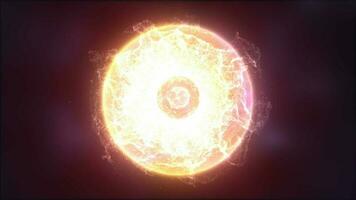 abstrait sphère atome avec électrons en volant embrasé Jaune brillant particules et énergie la magie champ, science futuriste salut-technologie Contexte video