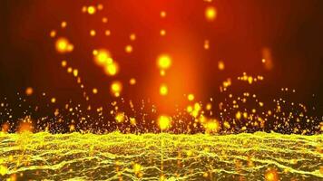 Digital technology abstract 3d animated orange-yellow light particles raining hits water waves on red gradient background. video