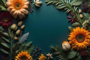 Flowers composition. Flat lay, top view, copy space. Floral background. photo