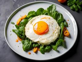 Healthy breakfast with mashed potatoes and fried egg on a black background. photo