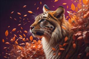 Portrait of a tiger in the autumn forest with red leaves. photo