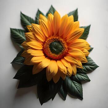 Sunflower with green leaves on white background. Flat lay, top view. photo