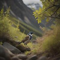 A male silverfinch standing on a rock with a mountain in the background. photo