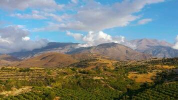 Aerial view of Crete island, Greece. Mountain landscape, olive groves, cloudy sky in sunset light video