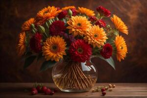 Bouquet of autumn flowers in a glass vase on a wooden table, photo