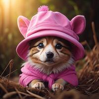 Cute corgi dog in a pink hat on the nature. photo