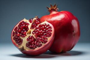 Ripe pomegranate fruit on a dark background close up. photo