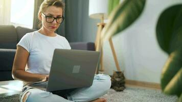 donna con bicchieri è seduta su il tappeto e Lavorando su un' il computer portatile. un' soffice gatto bugie su il divano dietro a suo. concetto di a distanza opera video