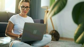 mulher com óculos é sentado em a tapete e trabalhando em uma computador portátil. uma fofo gato mentiras em a sofá atrás dela. conceito do controlo remoto trabalhos video
