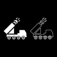 Multiple launch volley reactive rocket system fire shoots missiles set icon white color vector illustration image solid fill outline contour line thin flat style