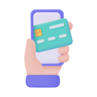 hand- Holding een telefoon. online betaling door credit kaart zonder contant geld maatschappij scannen qr code naar betalen online. 3d illustratie. png