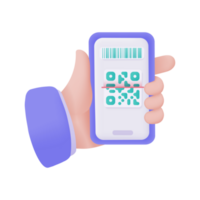 Hand holding a phone. online payment by credit card cashless society Scan QR code to pay online. 3D illustration. png
