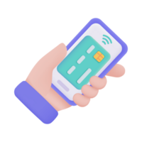 hand- Holding een telefoon. online betaling door credit kaart zonder contant geld maatschappij scannen qr code naar betalen online. 3d illustratie. png