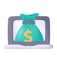 3D money bag in computer monitor online savings concept png