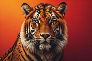 cerca arriba retrato de Tigre en naranja antecedentes con Copiar espacio. ai generado foto