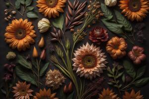 Autumn composition. Flowers, leaves and berries on black background. Flat lay, top view. photo