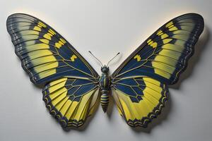 mariposa con amarillo y azul alas en un gris antecedentes. generativo ai foto