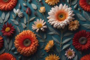 Flowers composition. Colorful flowers on blue background. Flat lay, top view. photo