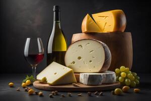 queso composición en un oscuro antecedentes. queso, uvas y vino. ai generado foto