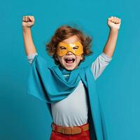 Child pretending to be a superhero over bright blue color background with hands up . photo