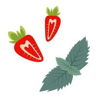 Set of images of half a red strawberry in trendy shades and a mint leaf. Sticker. Icon. Isolate. EPS vector