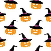 Seamless pattern of Halloween pumpkin in a witch hat with smiling face in trendy shades. vector