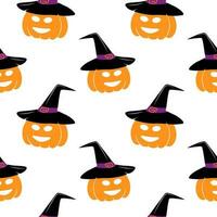 Seamless pattern of Halloween pumpkin in a witch hat with smiling face in trendy shades. vector