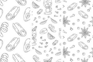 Set of 3 seamless patterns with spice ingredients and a cup of mulled wine. Hand drawn Line Art. EPS vector