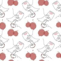 Seamless pattern of womans hand with wine glass, lipstick mark on it and winery blobs. Vector. EPS vector