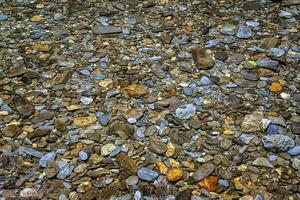 Many colorful stones at calm transparent water. Beautiful stones background photo