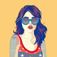 de moda joven niña vestir Gafas de sol y americano bandera atuendo en amarillo antecedentes. vector