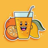 pegatina estilo naranja con mango y jugo vaso dibujos animados en cromo amarillo antecedentes. vector