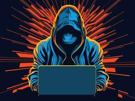 Anonymous Hacker Using Laptop On Abstract Rays Background. vector