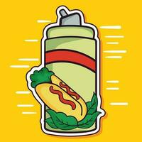 Sticker Style Hot Dog and Sauce Bottle Icon on Yellow Background. vector