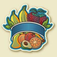 Healthy Food Sticker or Label of Fresh Fruits Bunch on Beige Background. vector