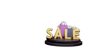 3D Render Of Sale Text With Gift Box Over Podium, Shopping Bag, png