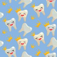 A pattern of smiling happy teeth with a crown, a boy and a girl. The theme is teeth with a crown. Charming vector illustration. Light blue background for tablecloth, fabric, wrapping paper. Seamless