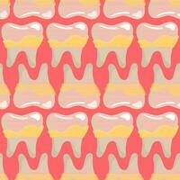A pattern of simple teeth with tartar. Brushing your teeth. Theme teeth with tartar. Cartoon vector illustration. Pink background for printing on fabric and wrapping paper. Seamless pattern