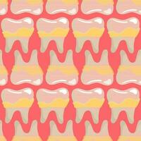 A pattern of simple teeth with tartar. Brushing your teeth. Theme teeth with tartar. Cartoon vector illustration. Pink background for printing on fabric and wrapping paper. Seamless pattern