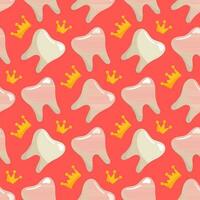 A pattern of simple teeth with a crown. Dentistry. The theme is teeth with a crown. Charming vector illustration. Pink background for tablecloth, fabric, wrapping paper. Seamless pattern