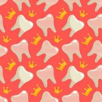 A pattern of simple teeth with a crown. Dentistry. The theme is teeth with a crown. Charming vector illustration. Pink background for tablecloth, fabric, wrapping paper. Seamless pattern