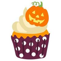 Vector cartoon cupcake with cream and pumpkin decor with a face. Cute smiling Halloween character for kids. Funny autumn cartoon dessert for Halloween. Drawing for a postcard, an invitation to a party